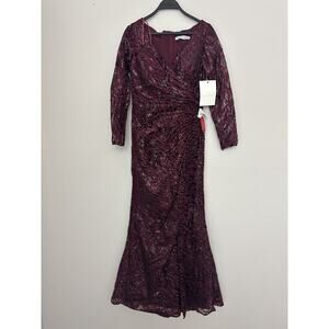 NWT Mac Duggal Maroon Lace V-Neck Ruched Cocktail Dress 12412 Size 8